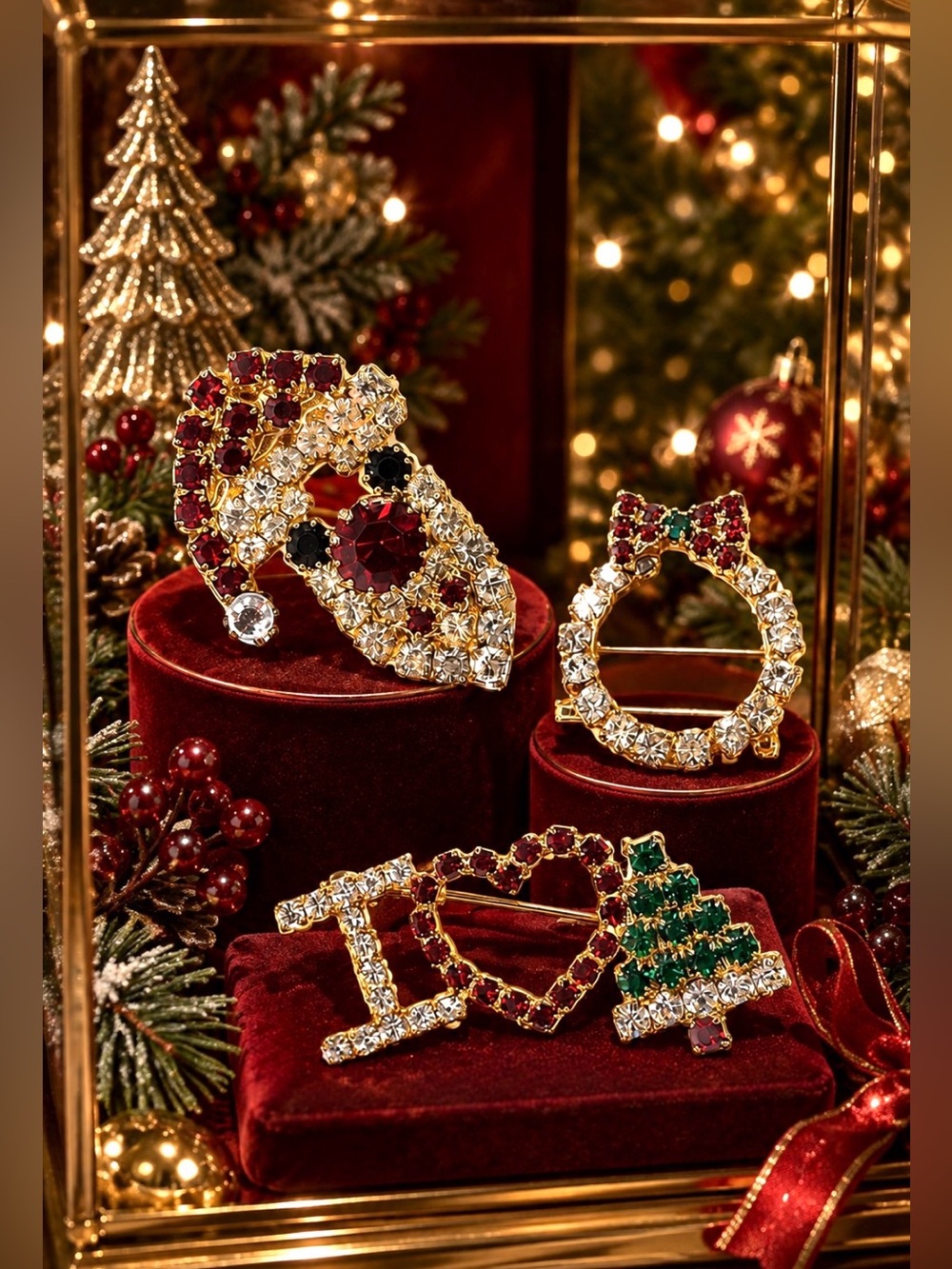 3 Gorgeous 90’s Vintage Christmas Rhinestone Pin Brooches